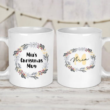 Custom Initial & Wreath Mug Christmas Keepsake - For Loved Ones - DENMARY